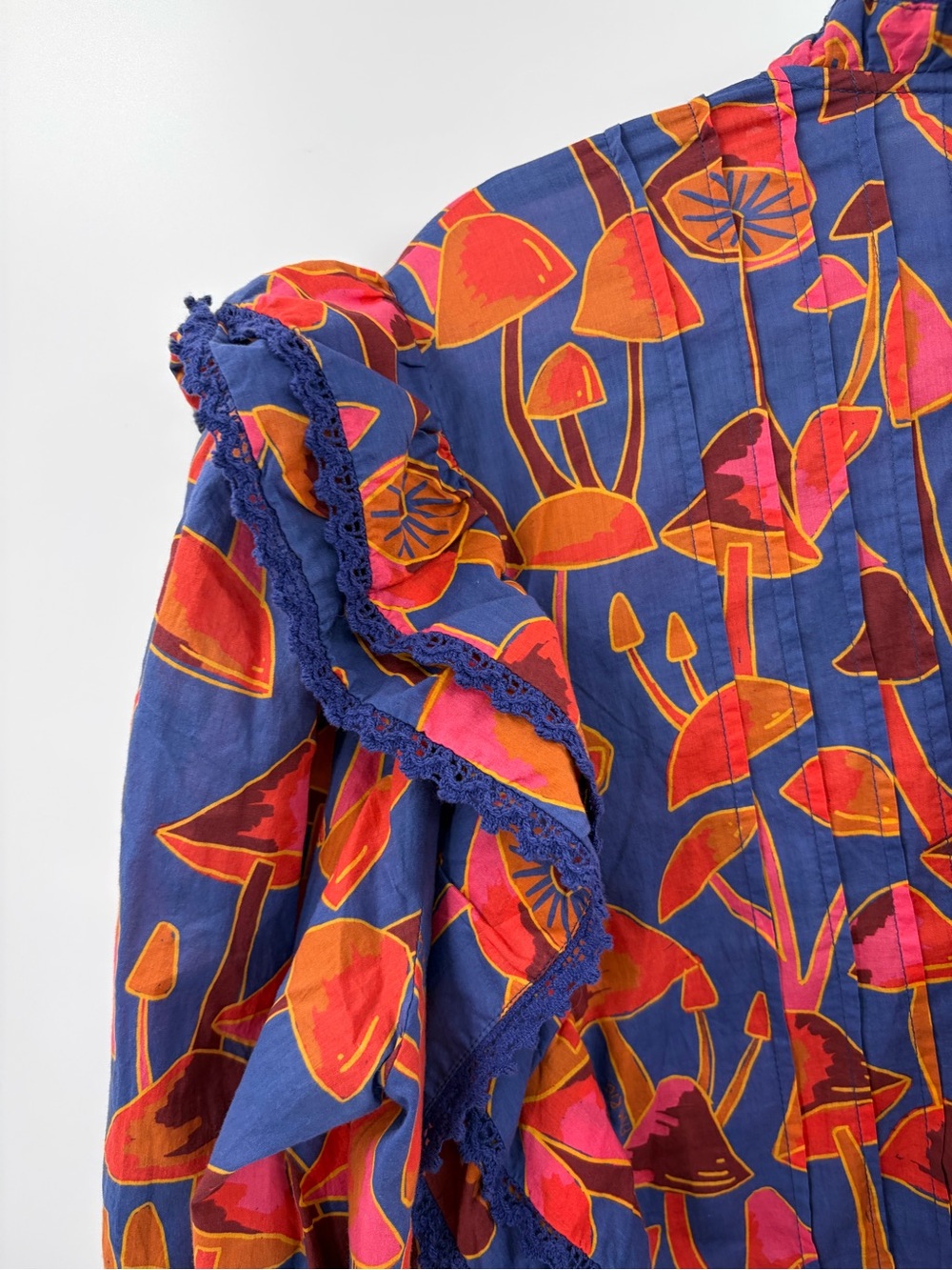 Farm Rio bohemian boho bright blue mushroom sketch button ruffle blouse size xl - Picture 10 of 15